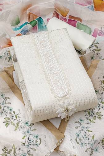 Manvaa women's white unstitched sequence embroidery premium roman silk dress material 