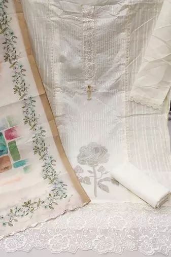 Manvaa women's white sequence embroidery premium roman silk dress material