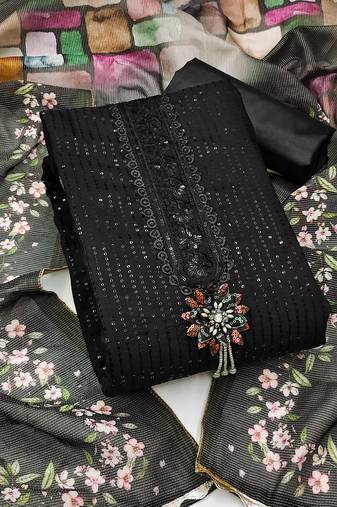 Manvaa women's black unstitched sequence embroidery premium roman silk dress material 