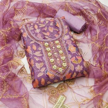 Manvaa women's purple sequnce work viscose organza dress material 1