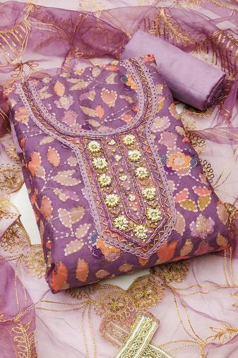 Manvaa women's purple unstitched sequnce work viscose organza dress material 
