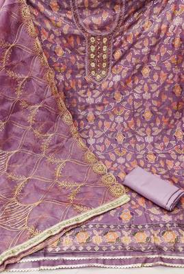 Manvaa women's purple sequnce work viscose organza dress material 2