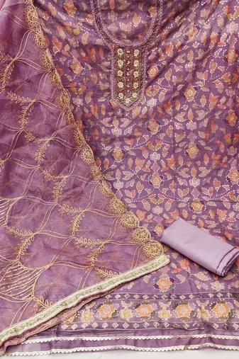 Manvaa women's purple sequnce work viscose organza dress material