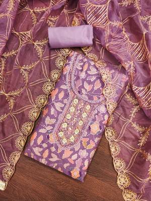 Manvaa women's purple sequnce work viscose organza dress material 4