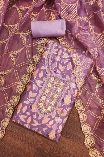 Manvaa women's purple sequnce work viscose organza dress material