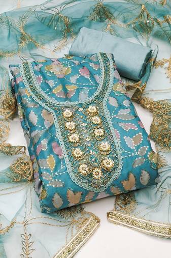 Manvaa women's sea green unstitched sequnce work viscose organza dress material 