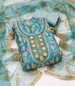 Manvaa women's sea green unstitched sequnce work viscose organza dress material 