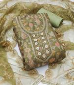 Manvaa women's olive green unstitched sequnce work viscose organza dress material 