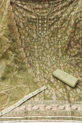 Manvaa women's olive green sequnce work viscose organza dress material 2