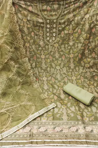 Manvaa women's olive green sequnce work viscose organza dress material
