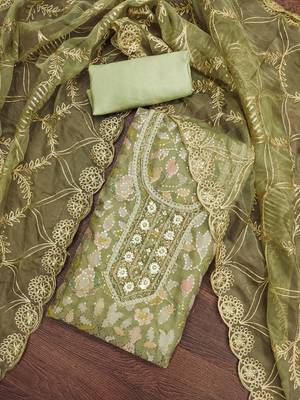 Manvaa women's olive green sequnce work viscose organza dress material 4
