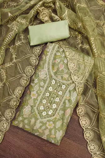 Manvaa women's olive green sequnce work viscose organza dress material