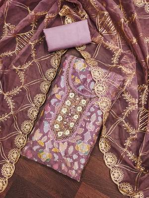 Manvaa women's levender sequnce work viscose organza dress material 4