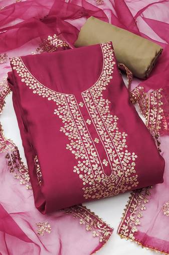 Manvaa women's magenta unstitched jari embroidery premium roman silk dress material 