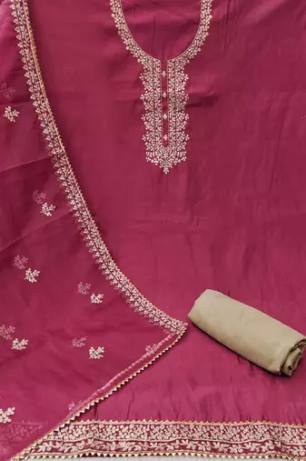 Manvaa women's magenta jari embroidery premium roman silk dress material