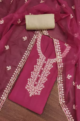 Manvaa women's magenta jari embroidery premium roman silk dress material