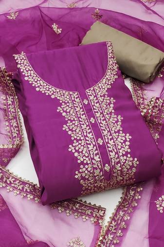 Manvaa women's purple unstitched jari embroidery premium roman silk dress material 
