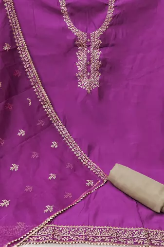 Manvaa women's purple jari embroidery premium roman silk dress material