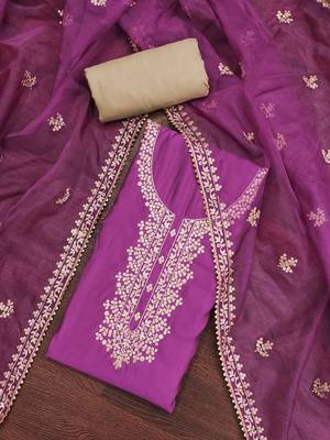 Manvaa women's purple jari embroidery premium roman silk dress material 4