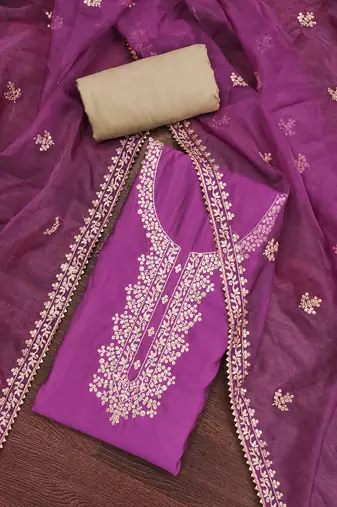 Manvaa women's purple jari embroidery premium roman silk dress material