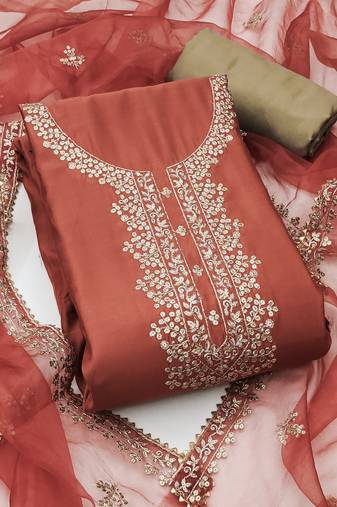 Manvaa women's rust unstitched fancy jari embroidery premium roman silk dress material 