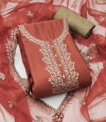 Manvaa women's rust unstitched fancy jari embroidery premium roman silk dress material 