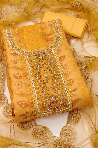 Manvaa women's orange unstitched sequnce work viscose organza dress material 