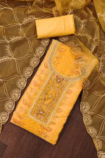 Manvaa women's orange sequnce work viscose organza dress material