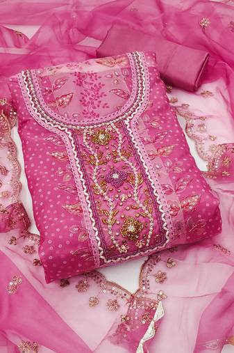 Manvaa women's pink unstitched sequnce work viscose organza dress material 