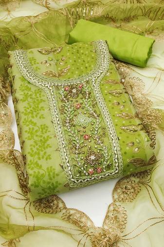 Manvaa women's green unstitched sequnce work viscose organza dress material 