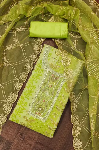 Manvaa women's green sequnce work viscose organza dress material