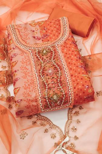 Manvaa women's peach unstitched sequnce work viscose organza dress material 