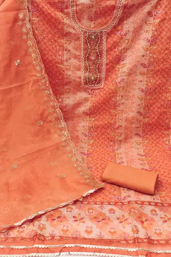 Manvaa women's peach sequnce work viscose organza dress material
