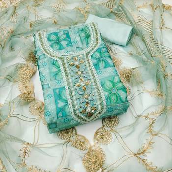 Manvaa women's sea green sequnce work viscose organza dress material 1