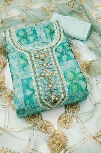 Manvaa women's sea green unstitched sequnce work viscose organza dress material 