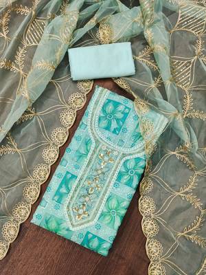 Manvaa women's sea green sequnce work viscose organza dress material 4