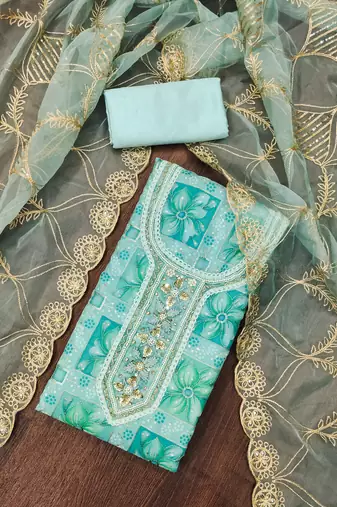 Manvaa women's sea green sequnce work viscose organza dress material