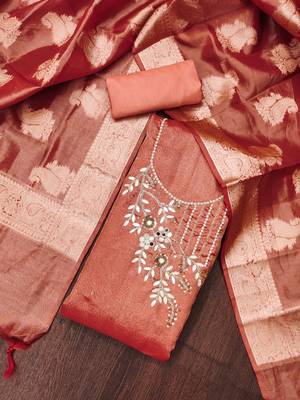 Manvaa women's rust handwork pure viscose dress material 4