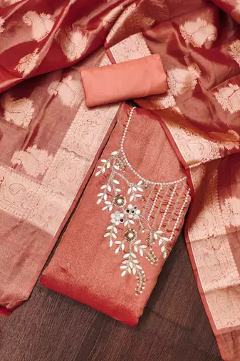Manvaa women's rust handwork pure viscose dress material
