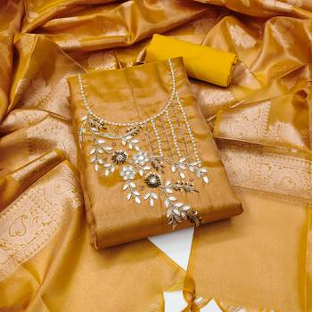 Manvaa women's yellow handwork pure viscose dress material 1