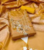 Manvaa women's yellow unstitched handwork pure viscose dress material 