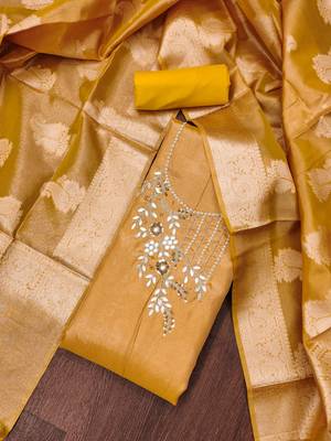 Manvaa women's yellow handwork pure viscose dress material 4