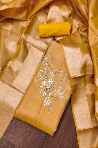 Manvaa women's yellow handwork pure viscose dress material