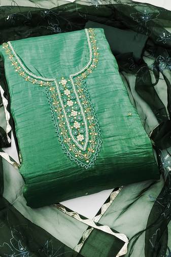 Manvaa women's green unstitched handwork pure golden crush silk dress material 