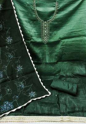 Manvaa women's green handwork pure golden crush silk dress material 2