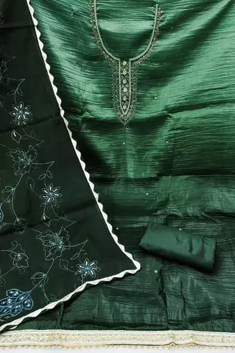 Manvaa women's green handwork pure golden crush silk dress material