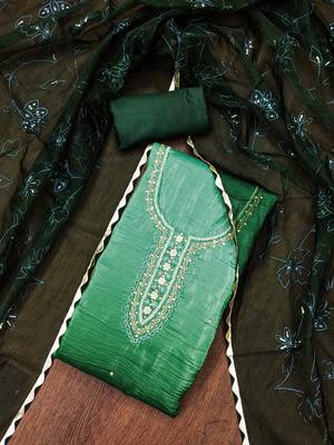 Manvaa women's green handwork pure golden crush silk dress material 4