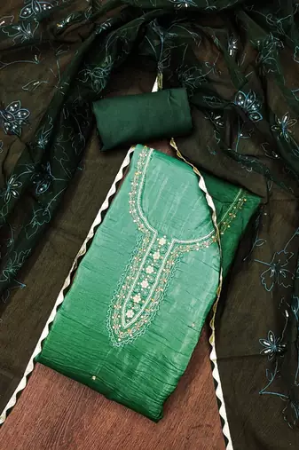 Manvaa women's green handwork pure golden crush silk dress material
