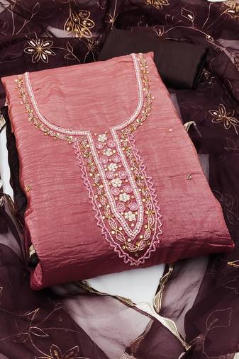Manvaa women's pink unstitched handwork pure golden crush silk dress material 
