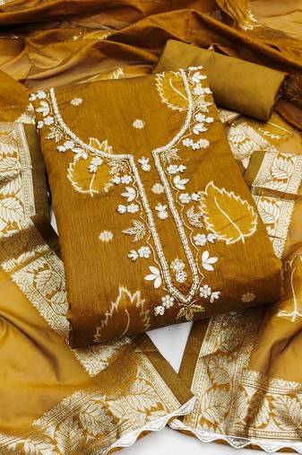 Manvaa women's mustered unstitched handwork modal banarasi dress material 